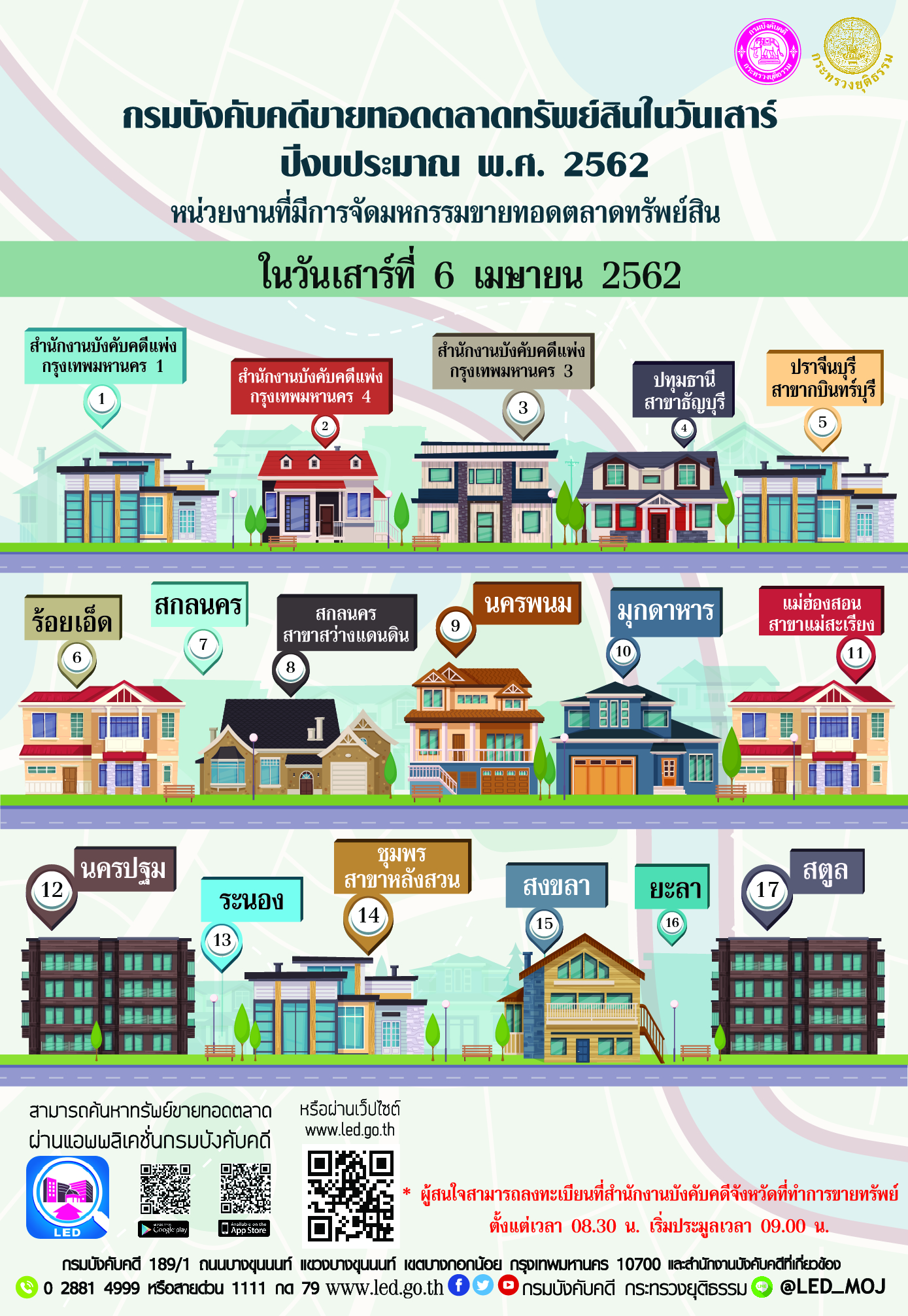 ﻿ กรมบังคับคดีจัดการขายทอดตลาดทรัพย์สินทุกวันเสาร์ สำหรับเดือนเมษายน 2562